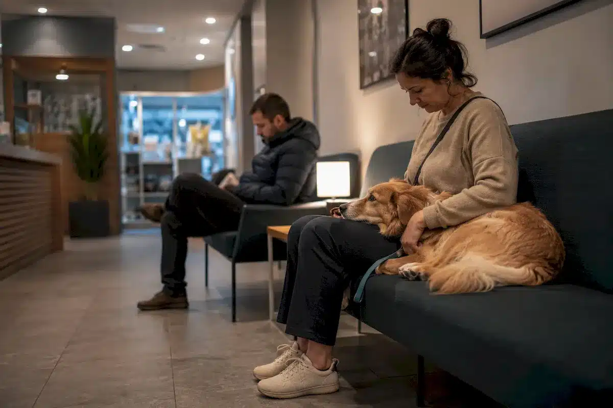 Familia esperando con su perro en la sala de espera de una clínica veterinaria