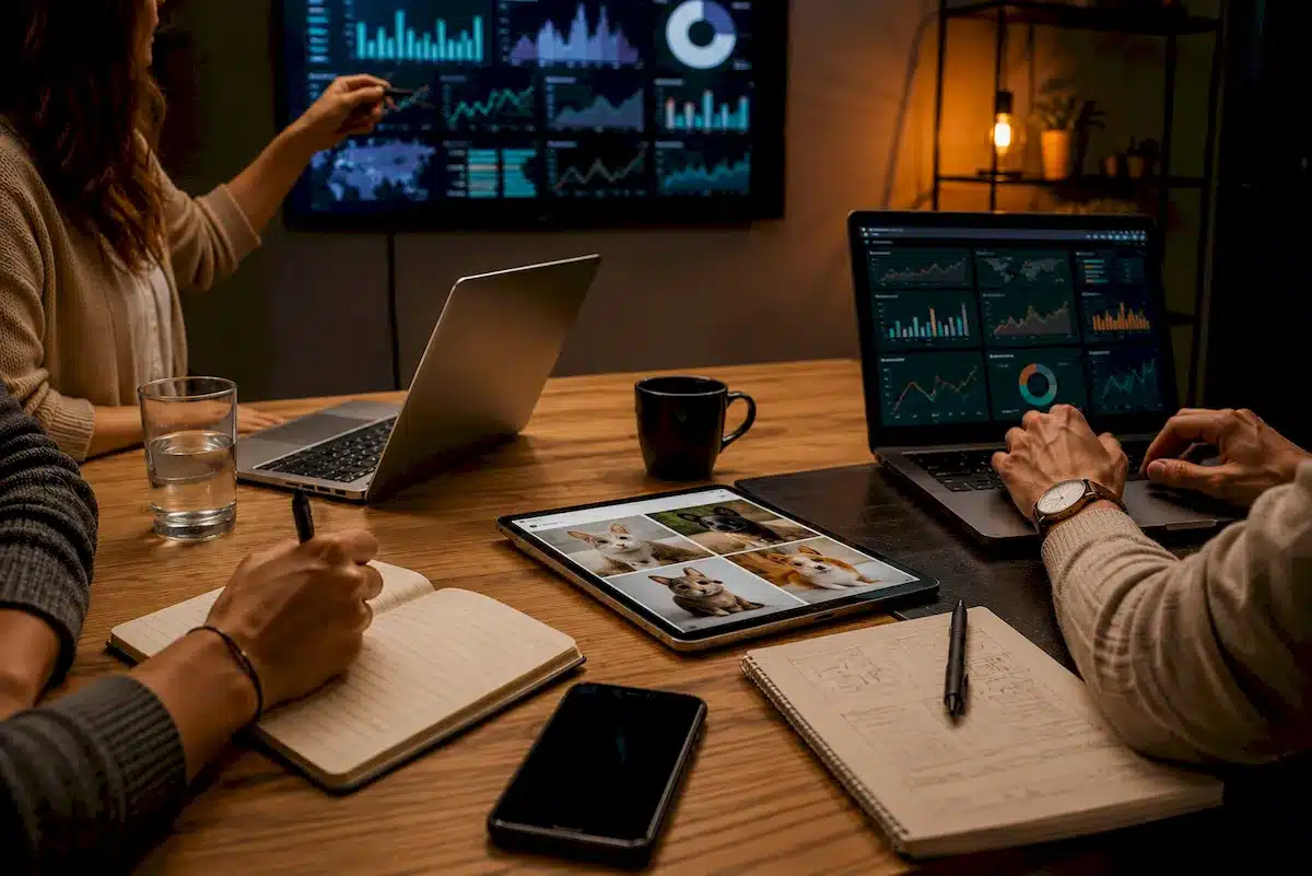 Equipo en un taller de formación en inteligencia artificial con paneles de datos
